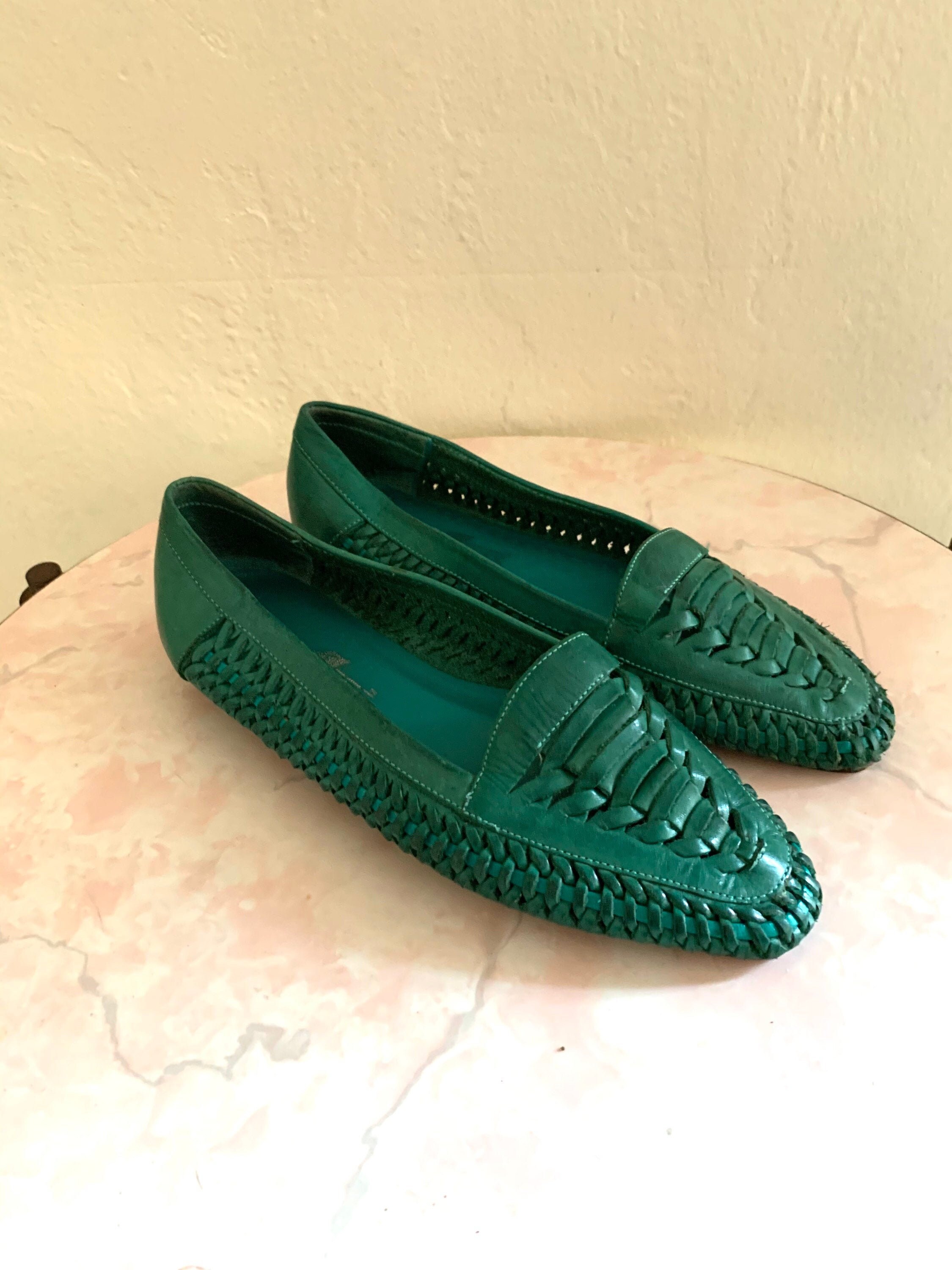 vintage green leather braided flats