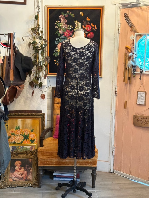 vintage 80's black lace maxi dress // floral lace… - image 5