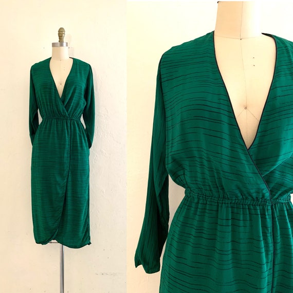 vintage 70's green silk draped dress