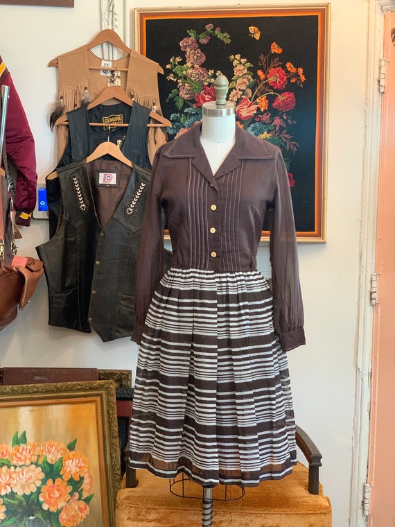 vintage 50's dress // brown striped shirt waist d… - image 10