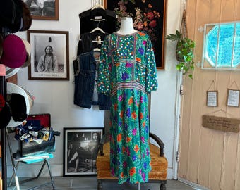 vintage susan freis green floral print drop waist dress
