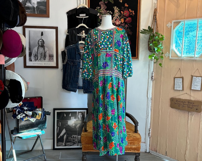 vintage susan freis green floral print drop waist dress