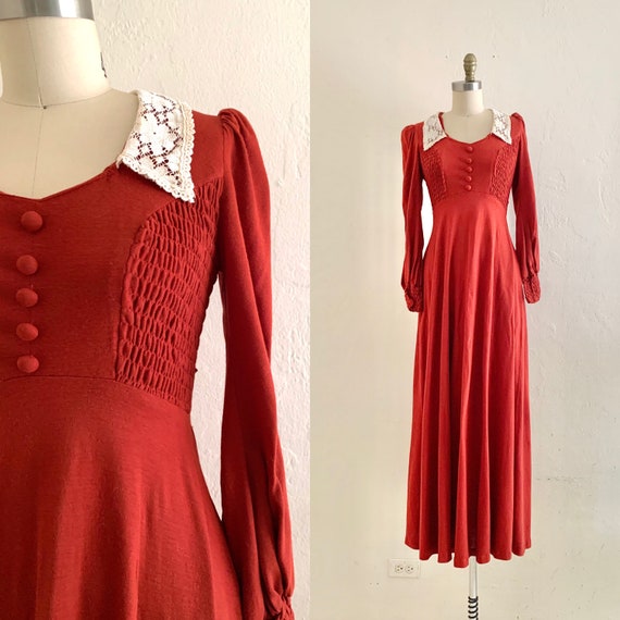 vintage 70's brown boho maxi dress with lace
