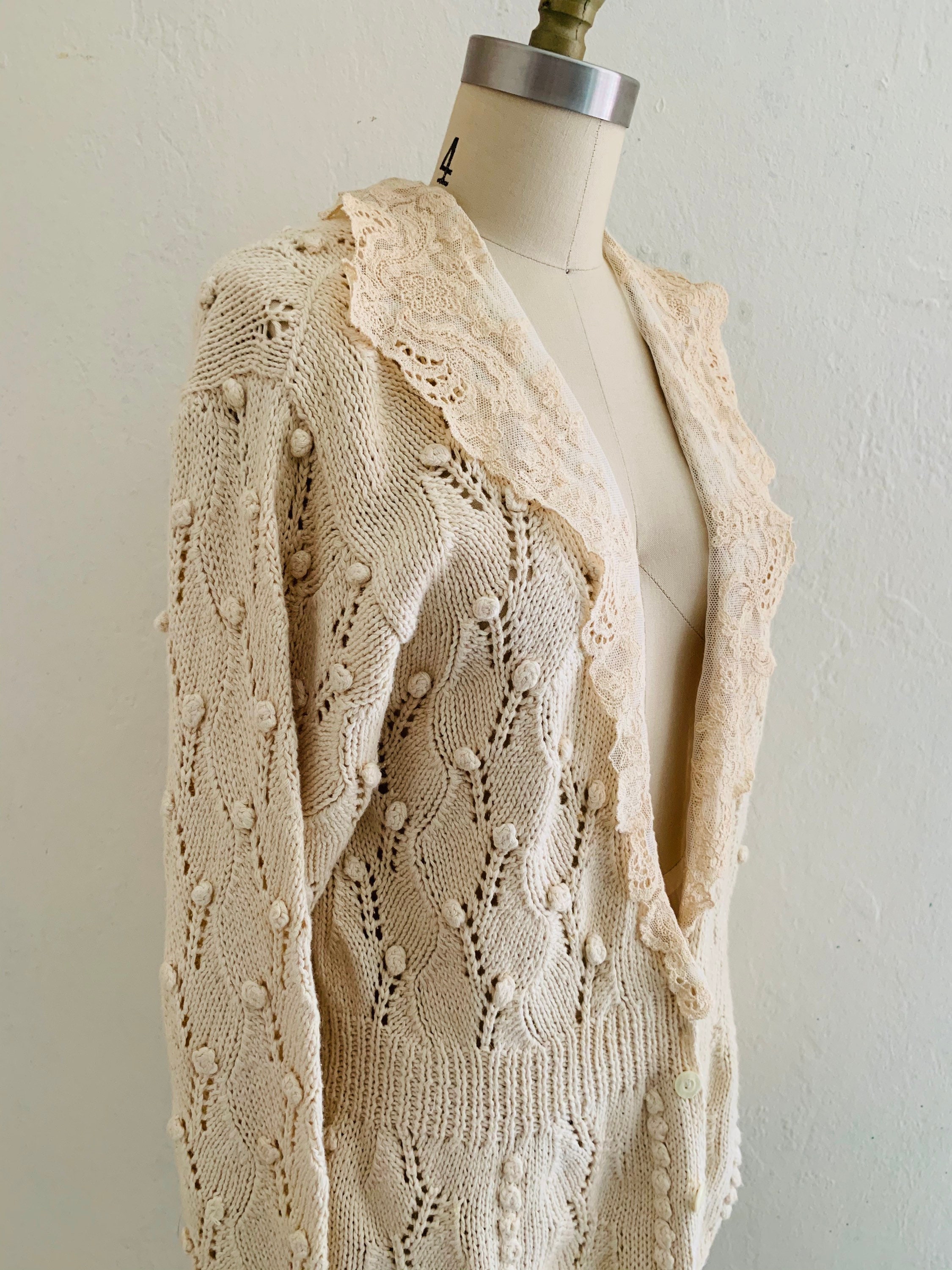 vintage 60's hand knit lace cardigan // fall beige sweater
