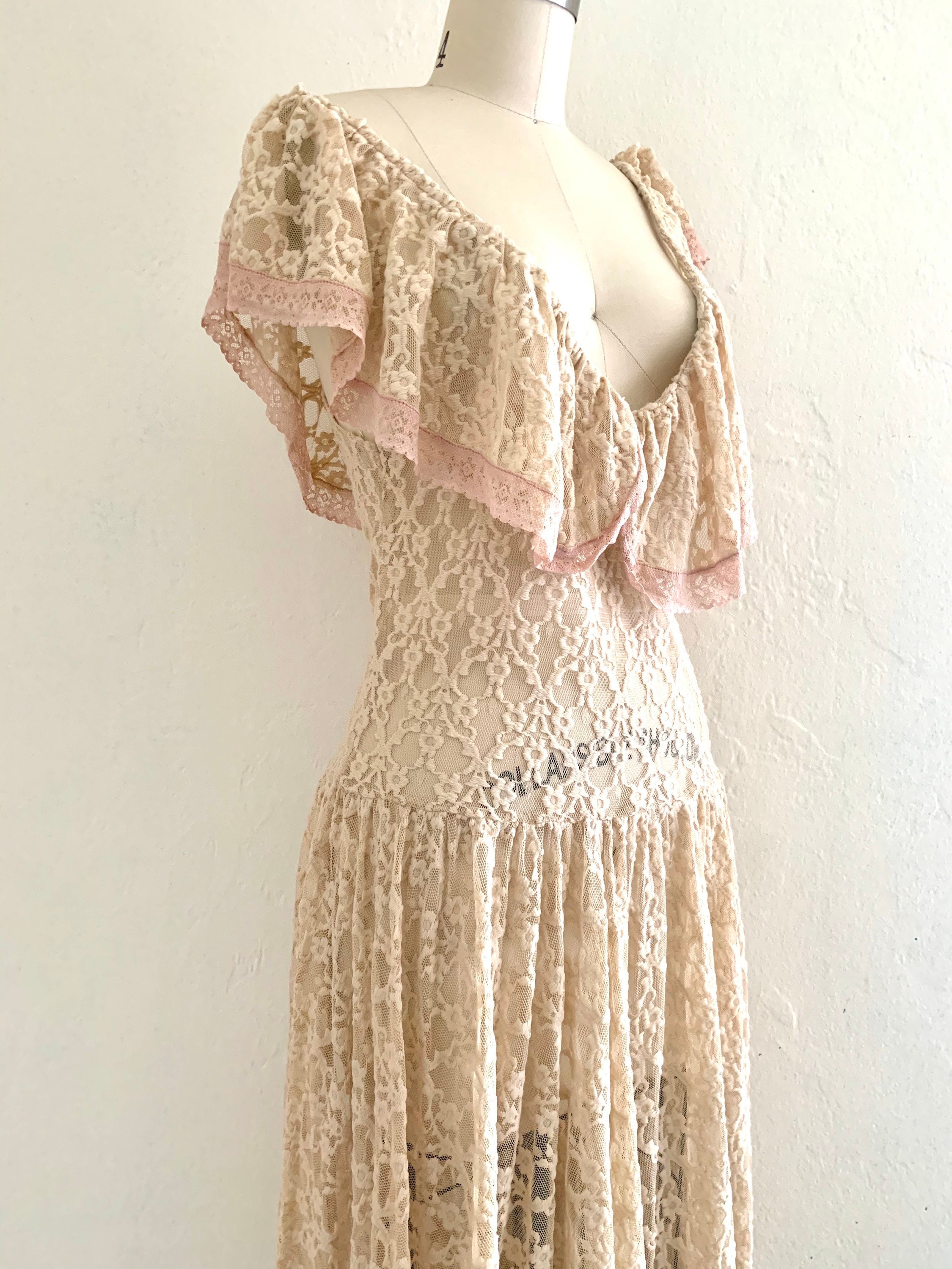 vintage 40's cream lace dress // floral lace sheer dress
