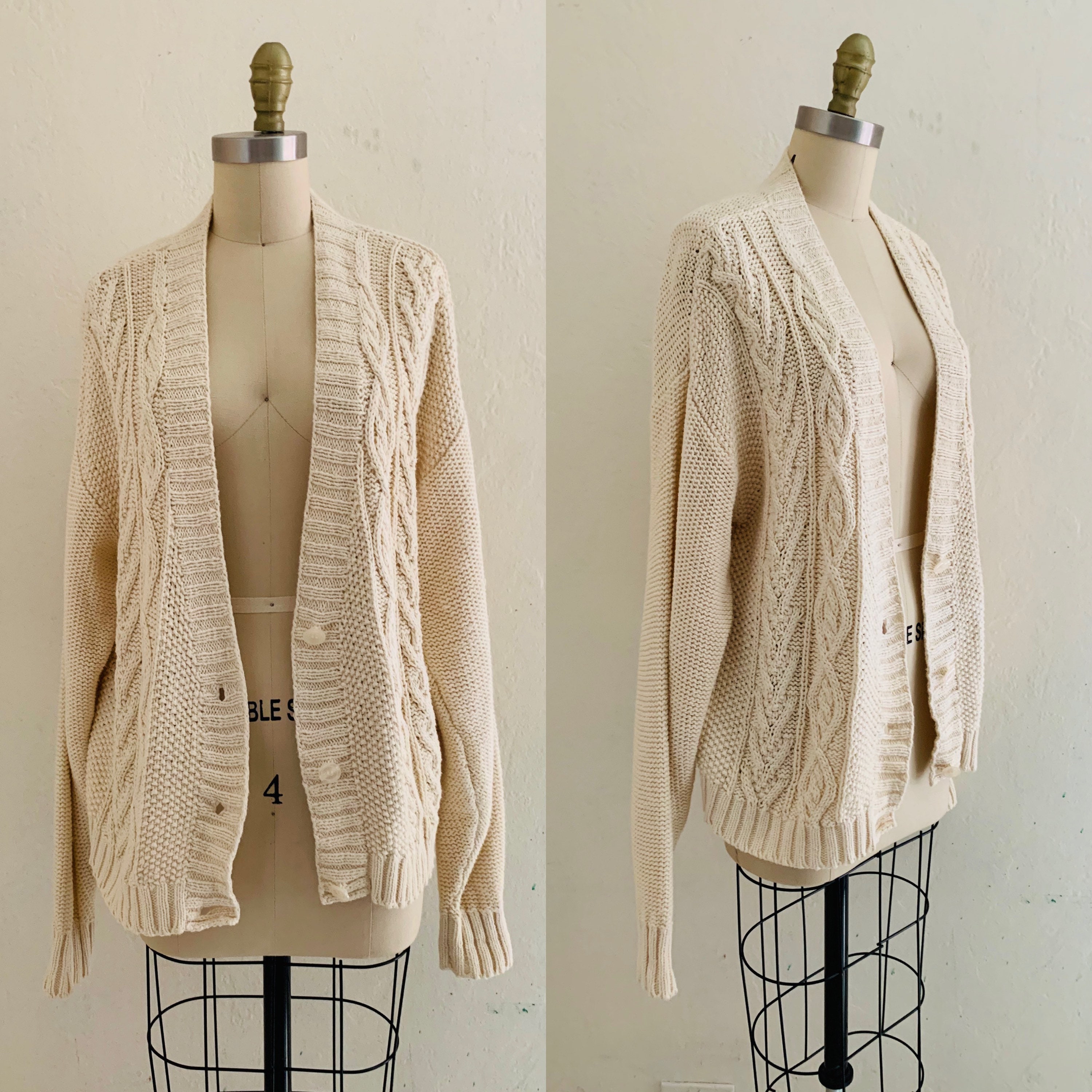 vintage 80's cable knit cardigan // fall beige sweater