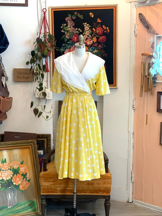 vintage 80's yellow / white polka dot dress