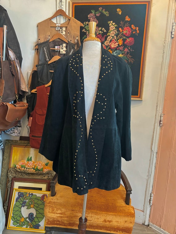 vintage 90's black suede studded jacket - image 2