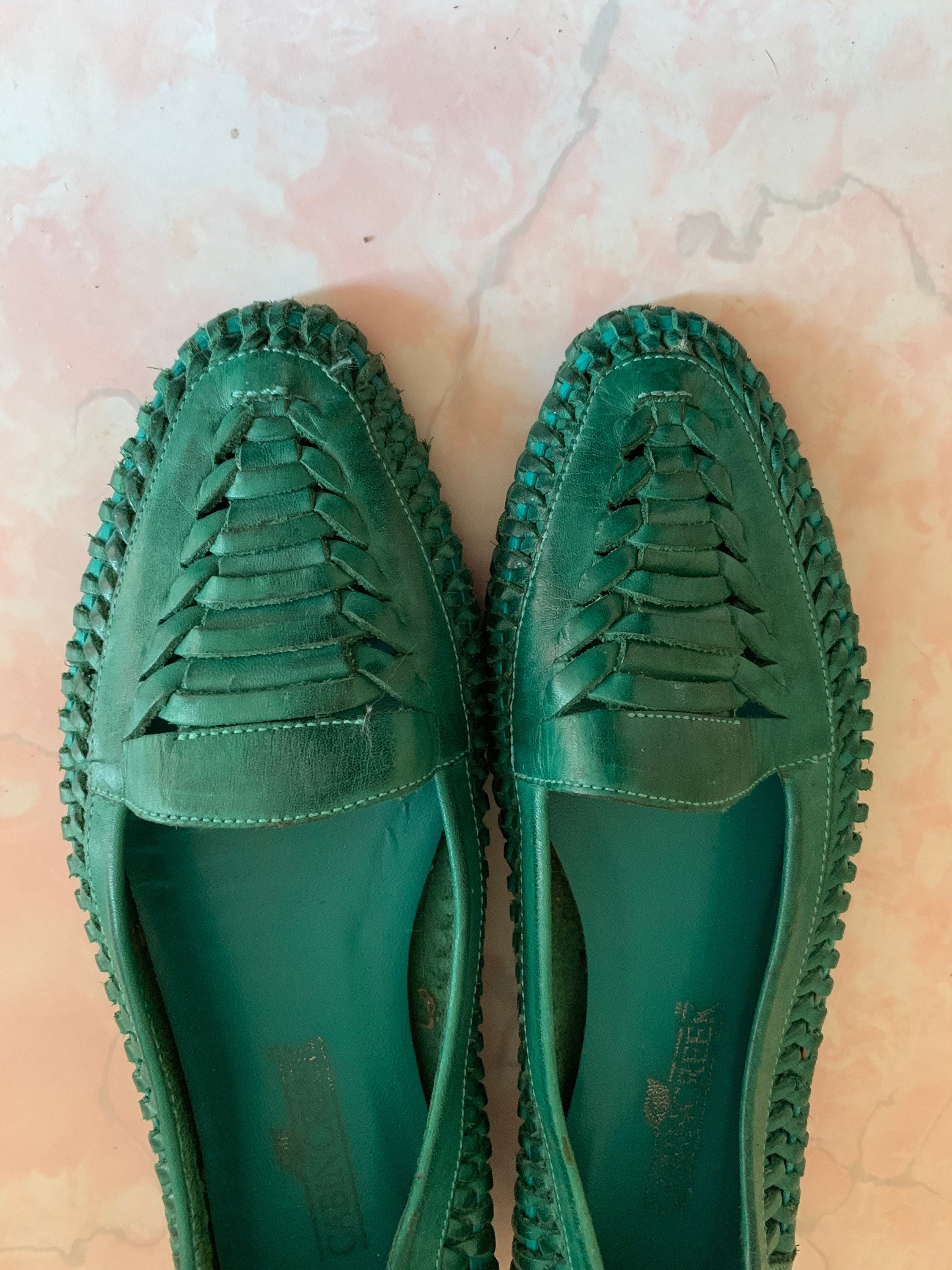 vintage green leather braided flats