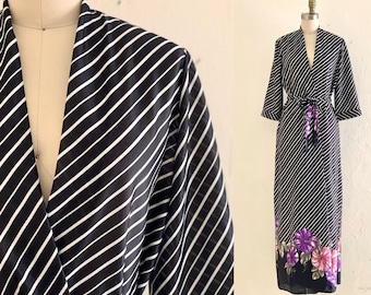 vintage 70's black floral striped maxi robe // lounge robe