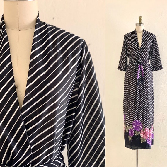 vintage 70's black floral striped maxi robe // lo… - image 1