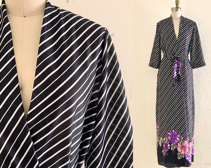 vintage 70's black floral striped maxi robe // lounge robe