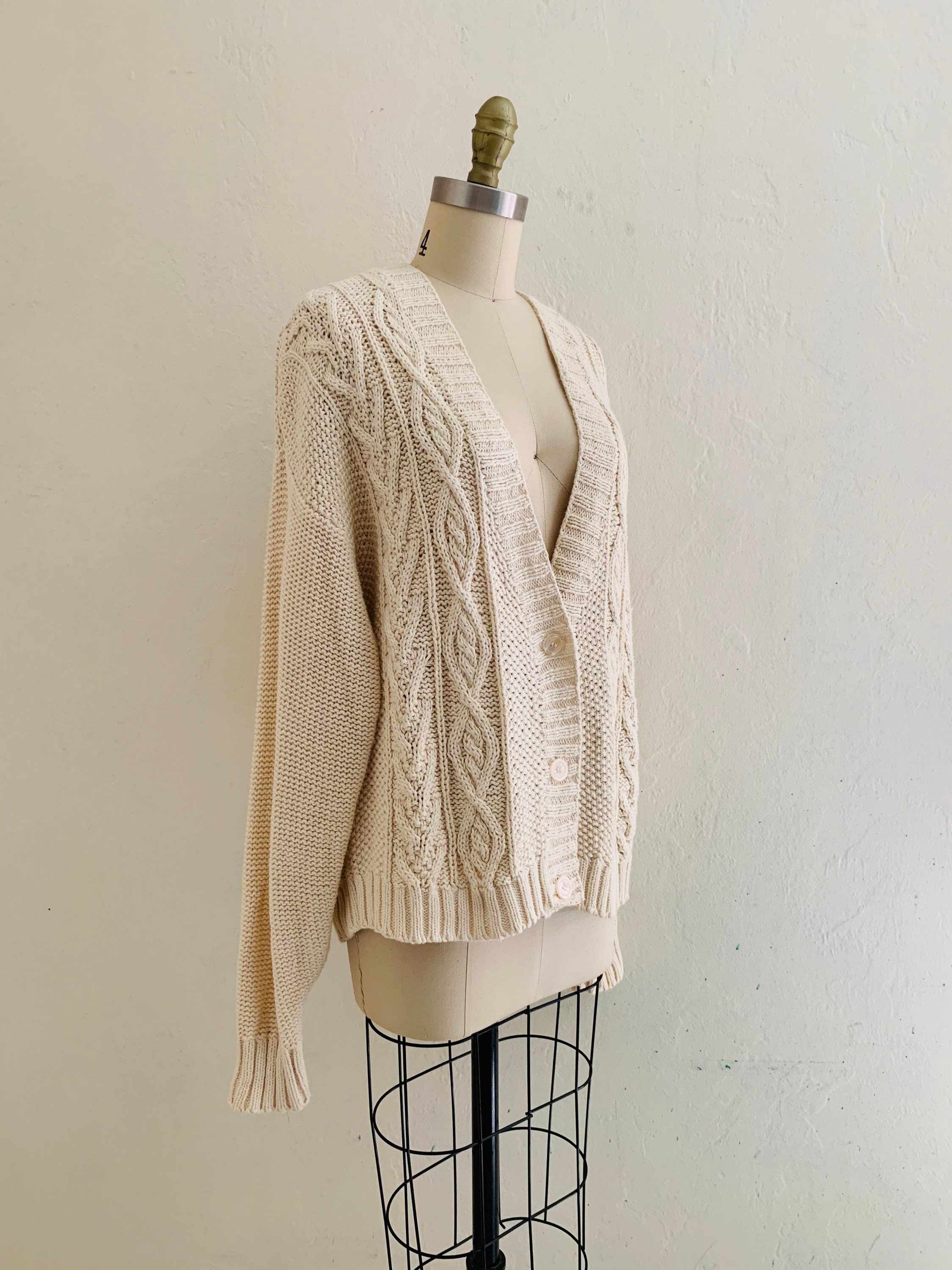 vintage 80's cable knit cardigan // fall beige sweater