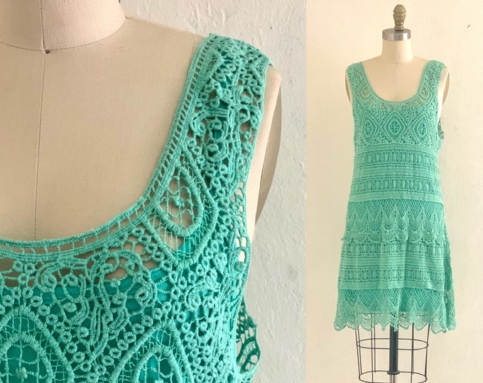 vintage 90's macramé green dress // crochet dress