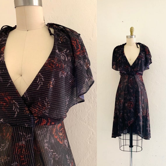 vintage 70's floral metallic wrap dress