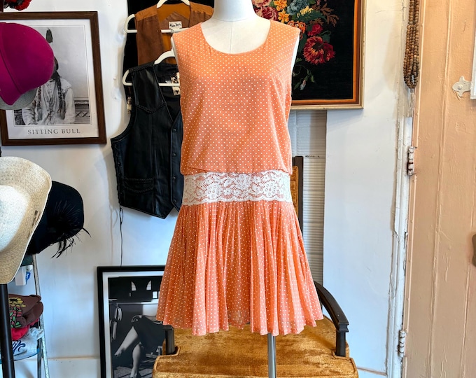 vintage 60's orange polka dot dress cotton drop waist dress