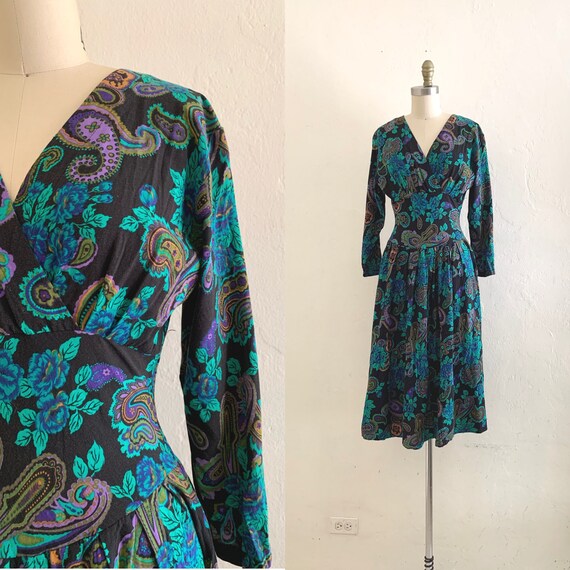 vintage 70's paisley print black dress
