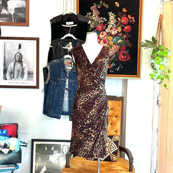vintage ralph lauren dress leopard print faux wrap fitted dress