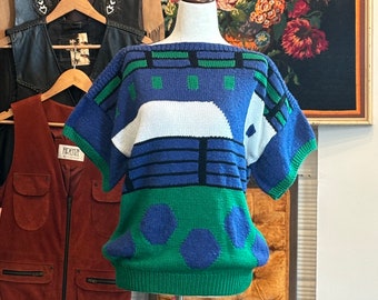 vintage  hand knit sweater / blue green cotton geometric sweater