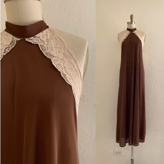 vintage 70's brown lace halter slip dress // maxi