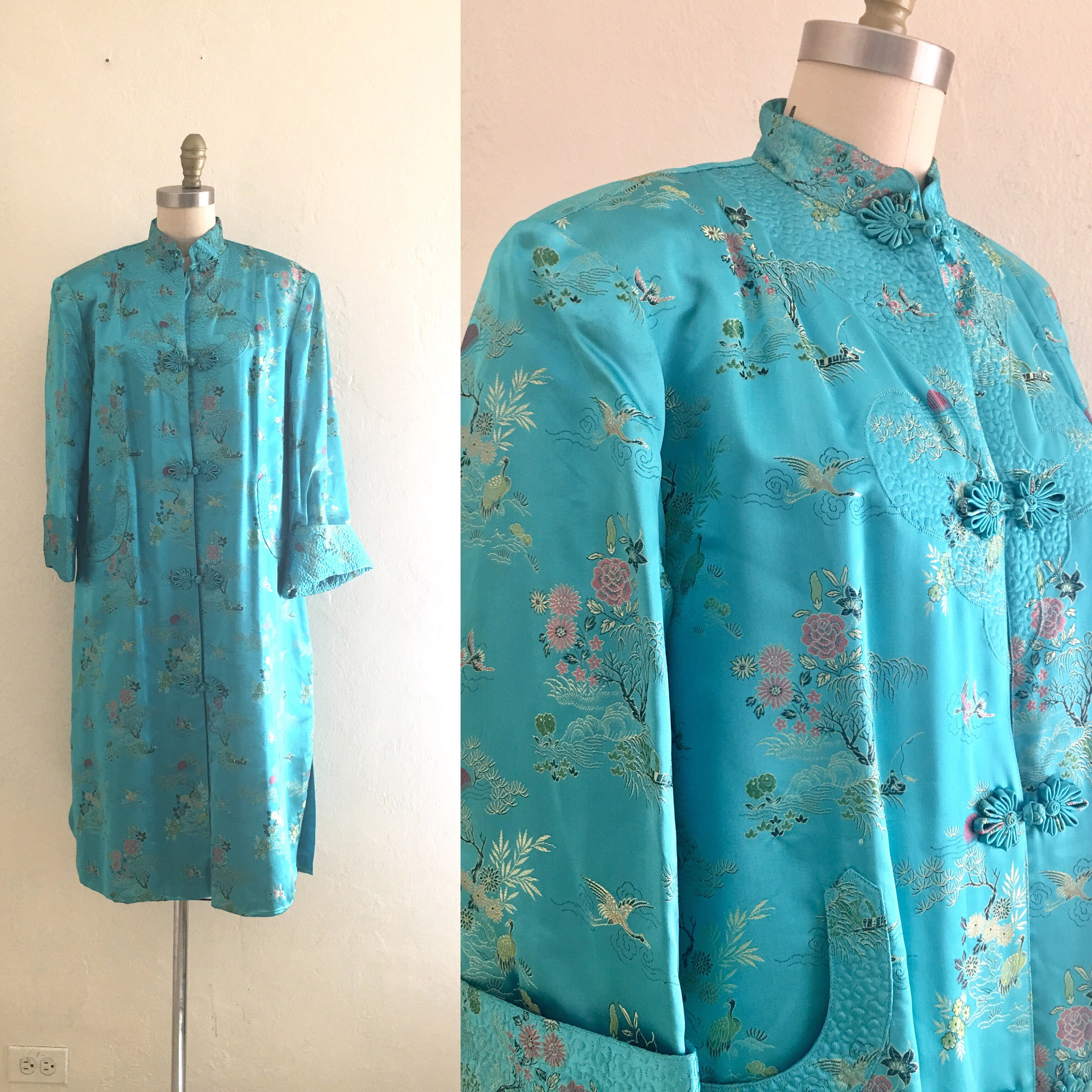 60's peony silk chinese floral jacket / blue floral duster