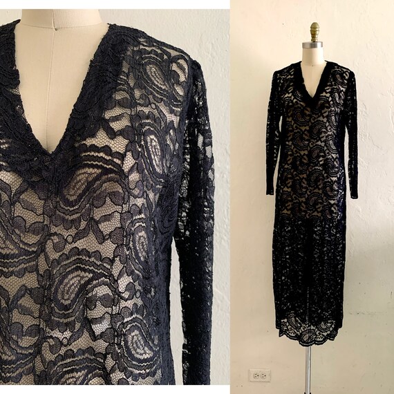 vintage 80's black lace dress // floral lace shee