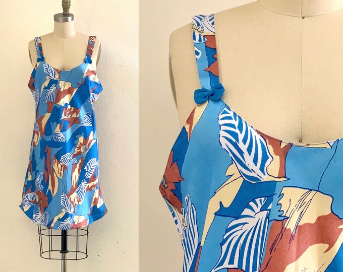 vintage blue abstract floral slip dress // blue nightie // cover up