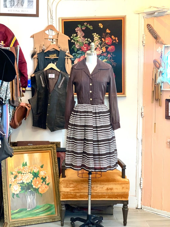 vintage 50's dress // brown striped shirt waist d… - image 1