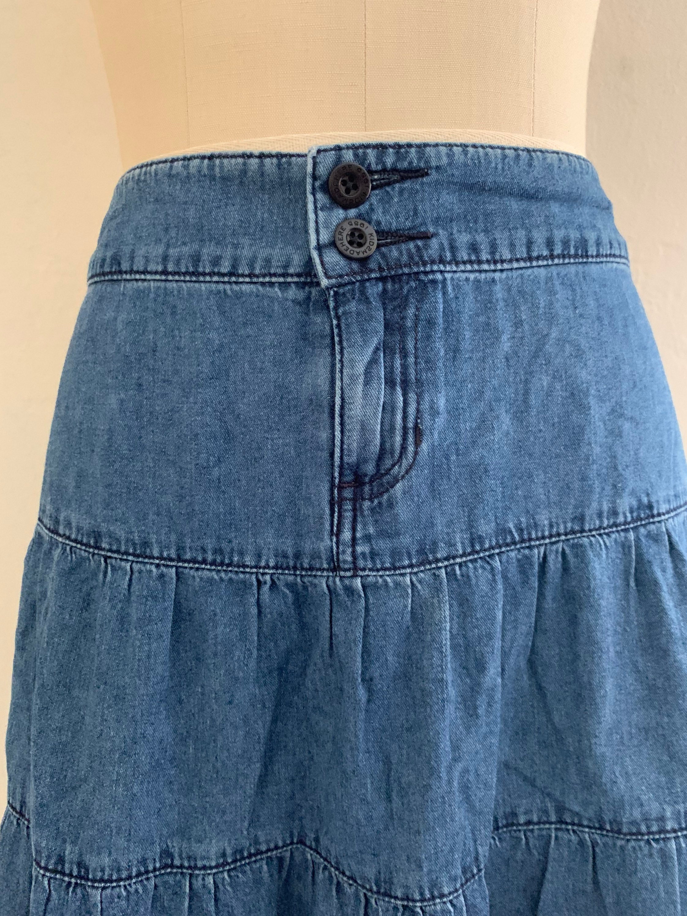 reserved ~ vintage 90's denim tiered skirt // high waist jean skirt