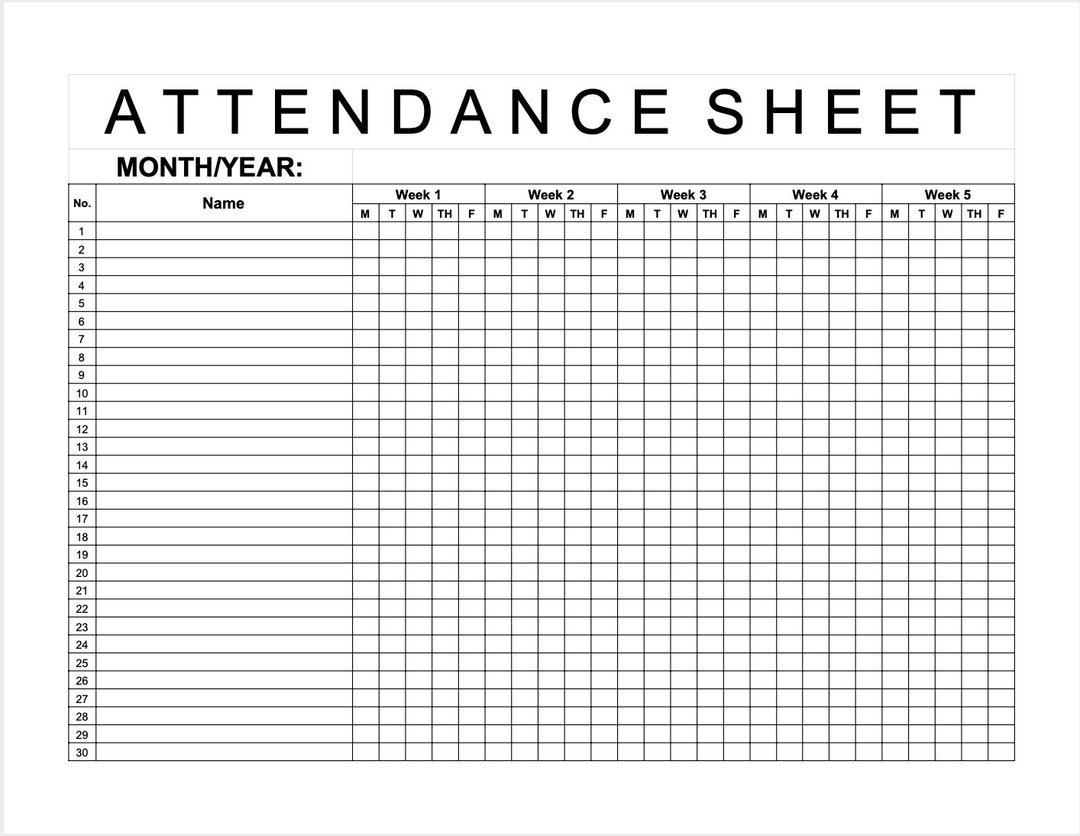 Attendance Sheet Black & White Letter - Etsy