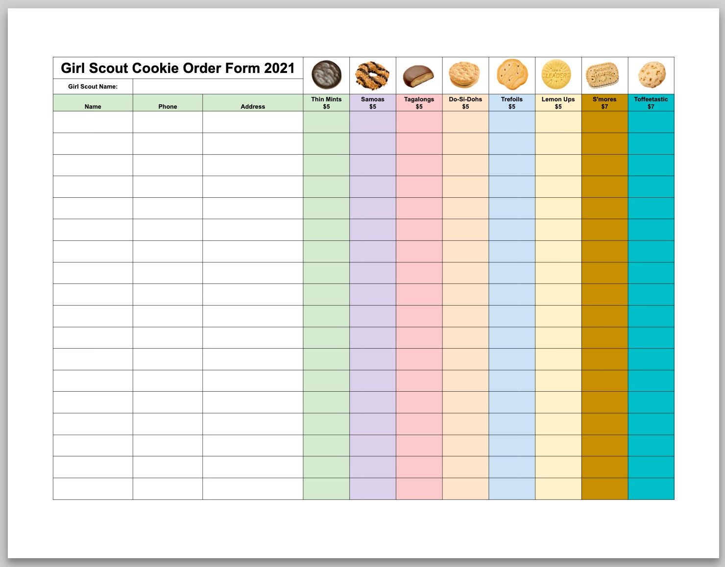 Girl Scout Cookie Order Form Blank Printable