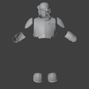 Puede incluir: Un kit de modelo de plástico gris de una armadura de soldado futurista, que incluye un casco, una placa de pecho, hombreras, protectores de brazos y rodilleras.