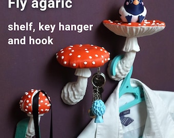 Fly Agaric Shelf with Key Hanger and Hook: Amanita Muscaria Decor