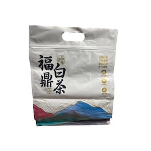 May include: A white tea bag with a handle at the top. The bag features Chinese characters and a colorful mountain range design at the bottom. The text on the bag reads "Fujian White Tea".