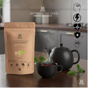 以下が含まれることがあります： 黒いティーポット、お茶の入ったカップ、緑の葉の隣に、Hunzai Vital Gold Ashwagandha Rootが入った茶色の紙袋があります。バッグには「Premium Wellness Essentials」と「200 Gram」などのテキストとアイコンがあります。カップとティーポットから湯気が立ち上っています。