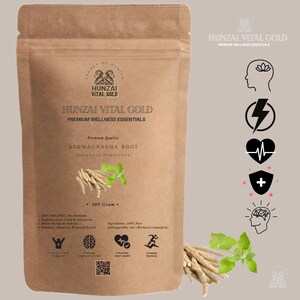 Puede incluir: Una bolsa de papel marr&oacute;n de Hunzai Vital Gold Ashwagandha Root, un producto de bienestar premium. La bolsa presenta texto y gr&aacute;ficos, incluidas las palabras "100 Gram." Se ven ramitas de hojas verdes y ra&iacute;z de ashwagandha.
