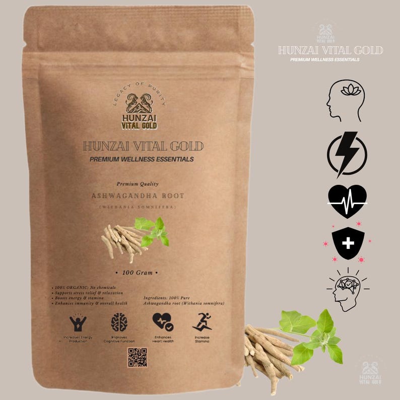 Puede incluir: Una bolsa de papel marr&oacute;n de Hunzai Vital Gold Ashwagandha Root, un producto de bienestar premium. La bolsa presenta texto y gr&aacute;ficos, incluidas las palabras "100 Gram." Se ven ramitas de hojas verdes y ra&iacute;z de ashwagandha.