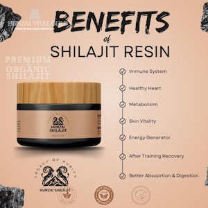 以下が含まれることがあります： 木製の蓋が付いたHunzai Shilajit樹脂の瓶で、「Premium Organic Shilajit」と表示されています。免疫系のサポートや肌の活力など、Shilajitの利点を強調しています。瓶には30gのShilajit樹脂が含まれています。