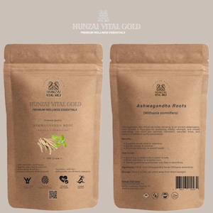 以下が含まれることがあります： Hunzai Vital Gold Ashwagandha Rootsの茶色の紙袋が2つ。前面の袋には「Ashwagandha Root」と「100 Gram」の文字が表示されています。背面の袋には「Ashwagandha Roots (Withania somnifera)」の文字があります。