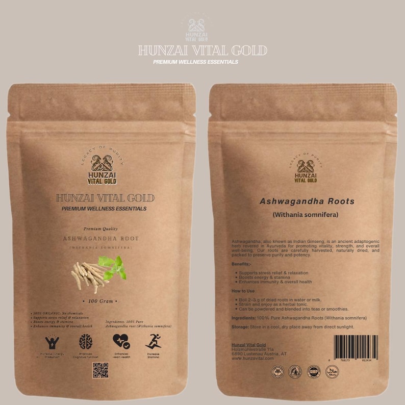以下が含まれることがあります： Hunzai Vital Gold Ashwagandha Rootsの茶色の紙袋が2つ。前面の袋には「Ashwagandha Root」と「100 Gram」の文字が表示されています。背面の袋には「Ashwagandha Roots (Withania somnifera)」の文字があります。