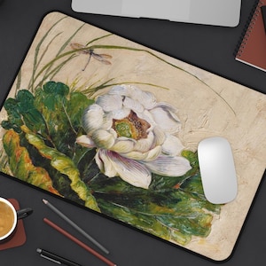 White Lotus Floral Desk Mat, Botanical Mouse Pad, Home Office Decor, Computer Desk Pad, Deskmat, Mousepad, Keyboard Mat, Work From Home