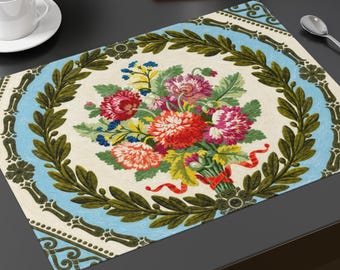 Vintage Floral Medallion Placemat, Antique Blue Botanical Table Mat