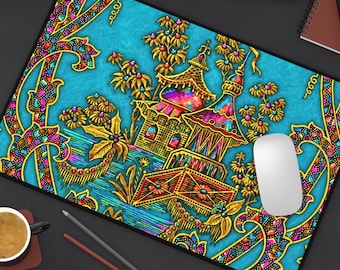 Tappetino da scrivania a pagoda orientale, tappetino per mouse decorativo blu brillante