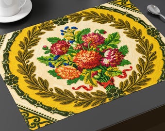 Mantel individual vintage con medallón floral, mantel individual retro con ramo amarillo, decoración de comedor de diseño antiguo.