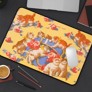 Cute Cat Floral Desk Mat Cat Lover Gift Cat Mouse Pad Office Desk Decoration Pet Cat Themed Deskmat Accessory Cozy Cat Lovers Gift Mouse Pad