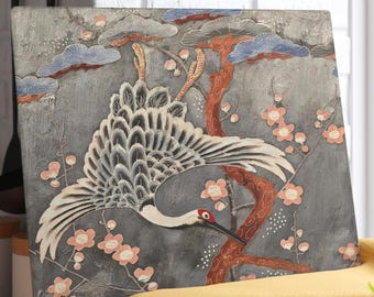 Tabla de cortar de cristal con grullas japonesas y flores de cerezo, tabla de embutidos con diseño de grullas asiáticas, bandeja decorativa para servir, cocina de estilo chinoiserie.