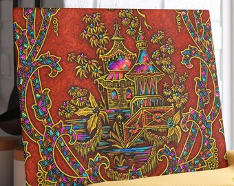 Glazen snijplank met chinoiserie-pagodepatroon, vintage charcuterieblad met vintage oosters bloemmotief