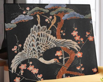 Tabla de cortar de cristal con grullas y flores de cerezo vintage, tabla para embutidos con grullas asiáticas, bandeja decorativa para servir, regalo de decoración de cocina oriental