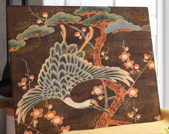 Tabla de cortar de cristal con grulla y flor de ciruelo, decoración de cocina japonesa vintage con grulla, tabla de embutidos oriental, bandeja decorativa para servir.