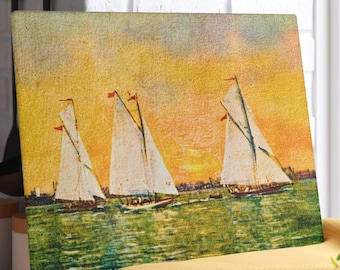 Vintage Lake Pontchartrain Boats Glass Cutting Board, New Orleans Decor, Louisiana Souvenir, Charcuterie Board